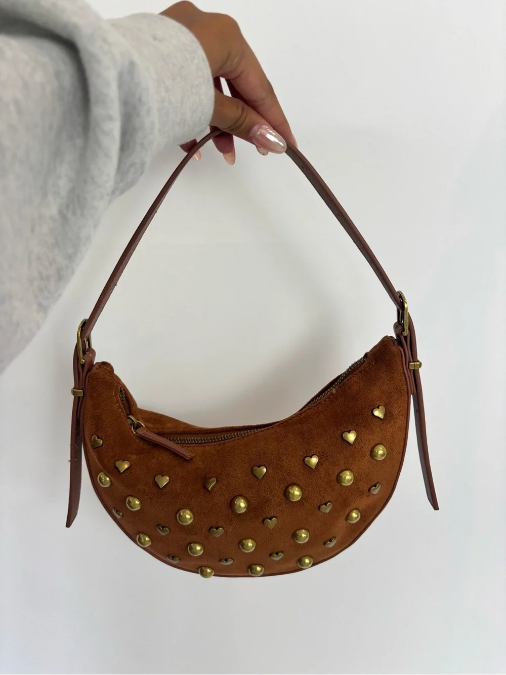 American Eagle Outfitters Brown Suede Crescent Shoulder Bag with Gold Studs